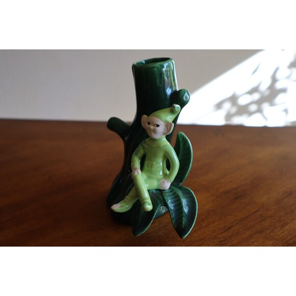 BROKEN Treasure Craft Vase Green Pixie Elf Sprite on Tree Vintage 1960s 5.7" - Picture 2 of 14